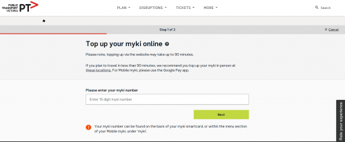 Screenshot of the myki online top up page on the PTV website