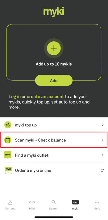 A screenshot of the myki menu on the PTV app. The 'Scan myki - check balance' button is bordered in red.