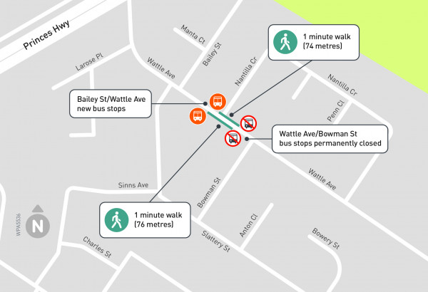Map of stop changes on Wattle Avenue