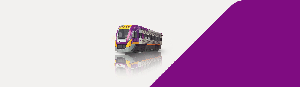 V/Line train render on white and purple background