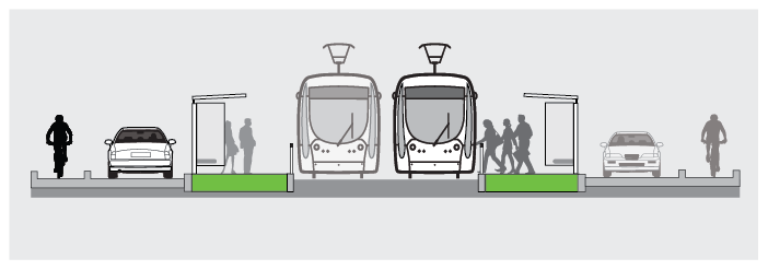 Illustration showing street view of new La Trobe Street level-access tram stops with passengers boarding the tram, single car lanes and bike lanes with bike riders.