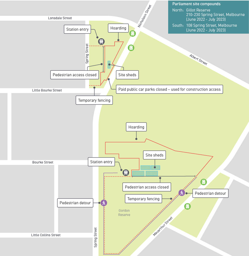 Map of changes to car parking and pedestrian access at Parliament Station