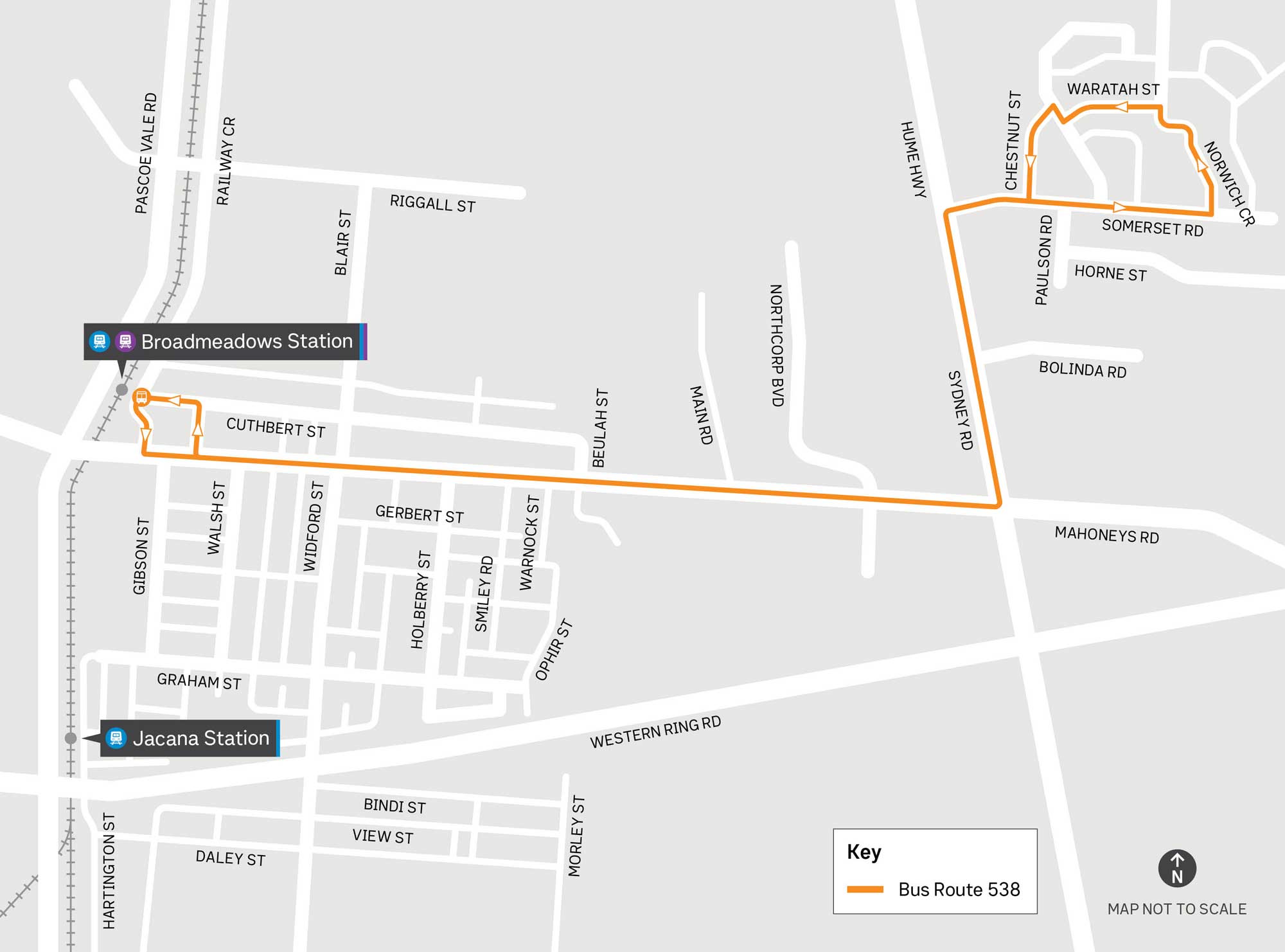 A map of the changed route for Bus Route 538