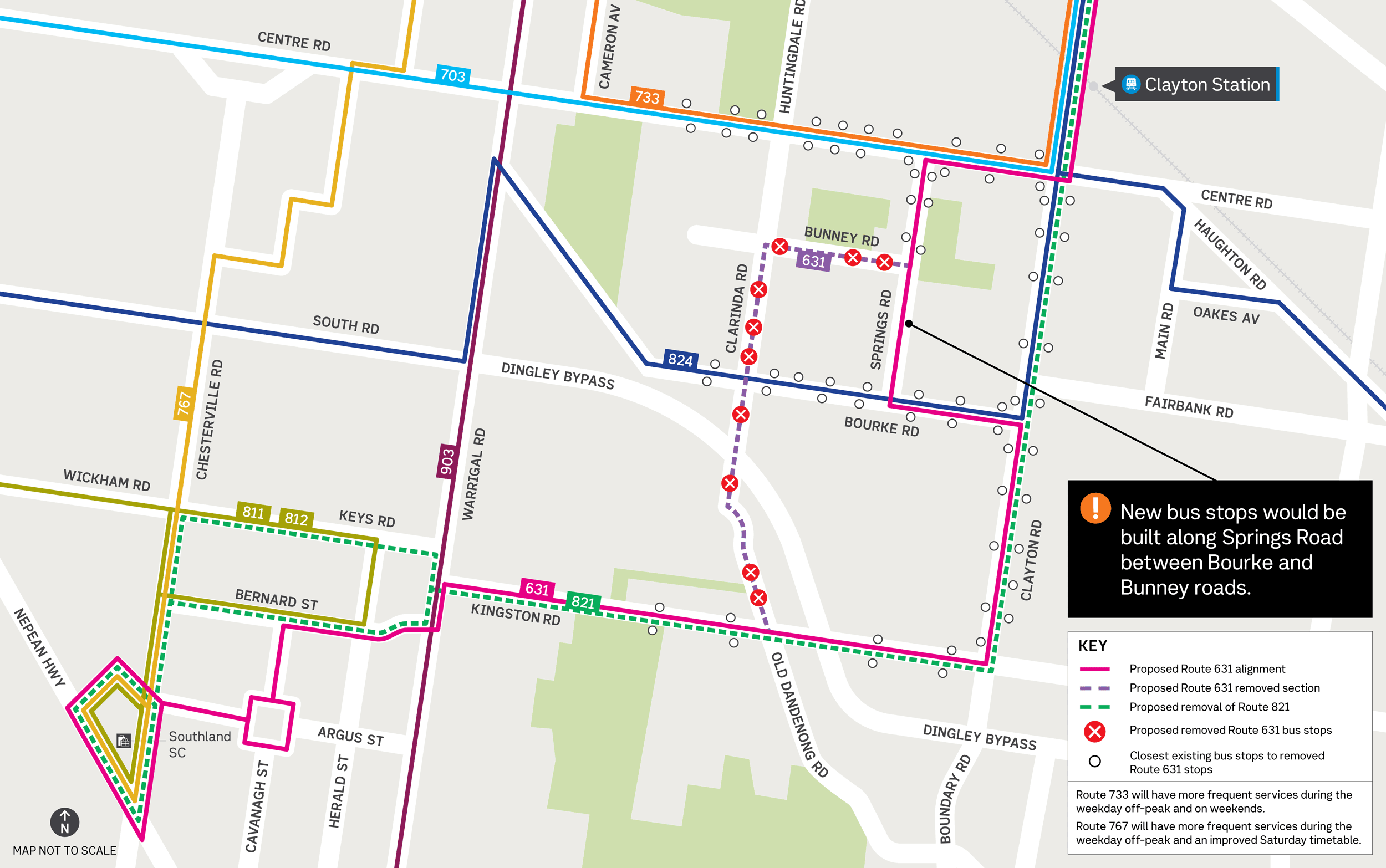 Map of proposed changes to bus routes 631 and 821