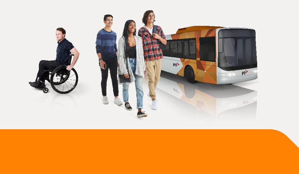 Man in wheelchair and three passengers walking with bus in background.