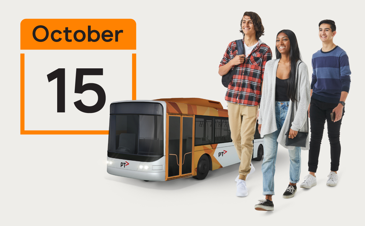 Three students walking with bus in background, and calendar icon displaying October 15.