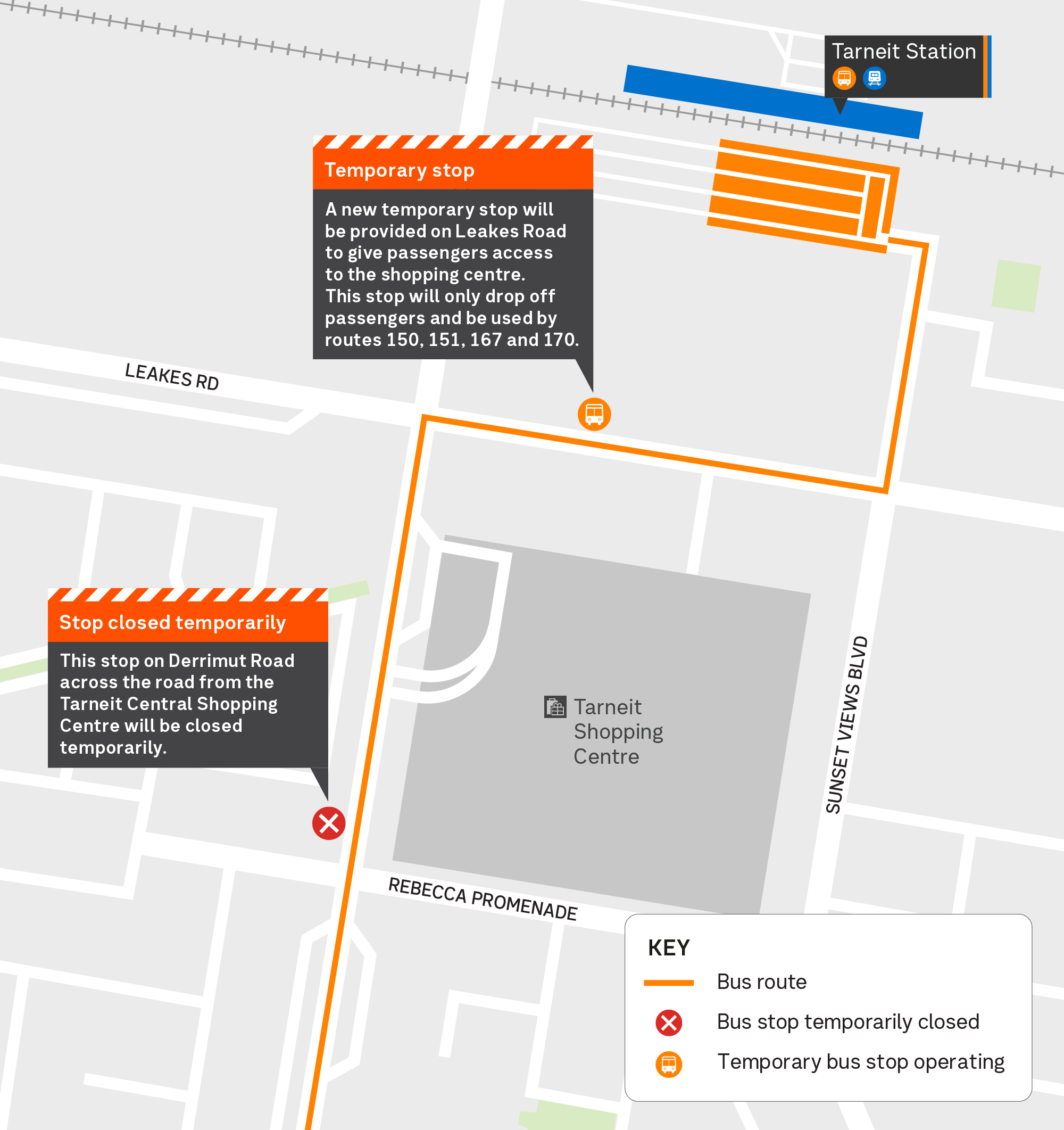 Map of temporary bus stop closures and temporary stops at the south side of Tarneit Station.