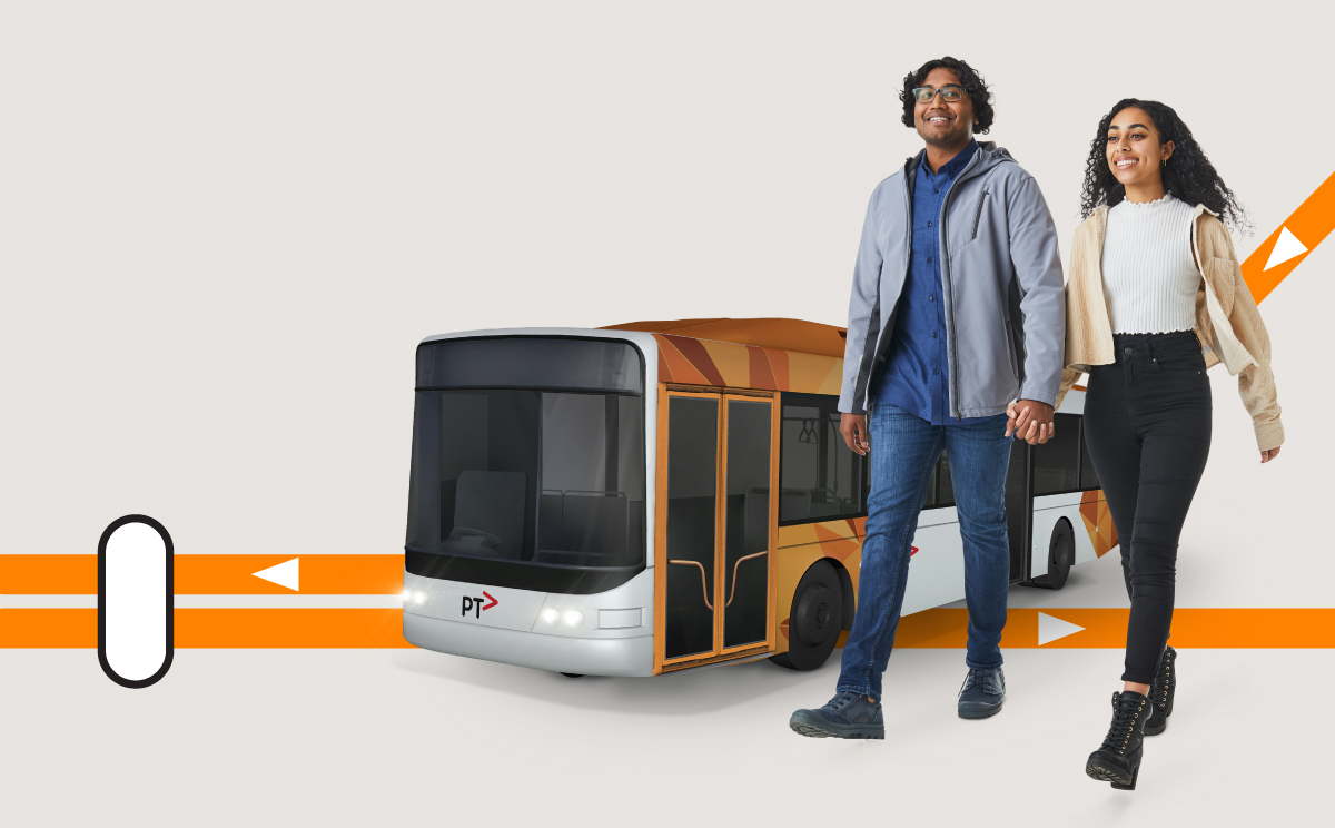 On the right hand side, two people are walking. In the background, a PTV bus sits on top of orange lines with arrows on them, like a route map.
