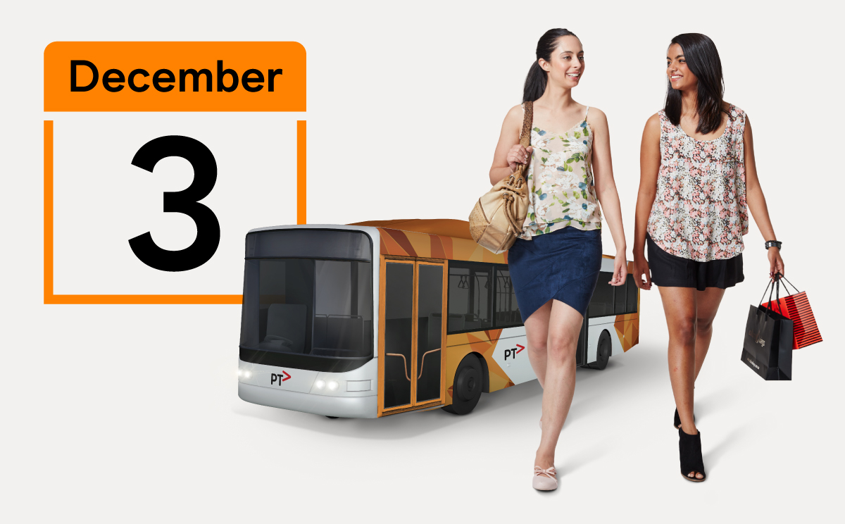 An image of two women walking, with a PTV bus in the background. In the top left corner, a calendar reads December 3.