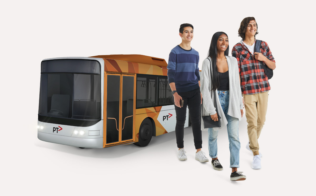 A group of students walking on the right hand side of the image, and a PTV bus in the background