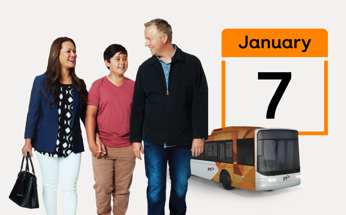 A man, woman and child walk together on the left. On the right, a PTV bus is in the background, with a calendar reading 'January 7' behind it.