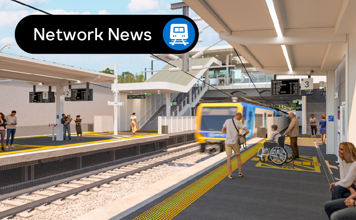 Network news and metropolitan train icon overlaying computer generated render of Union Station