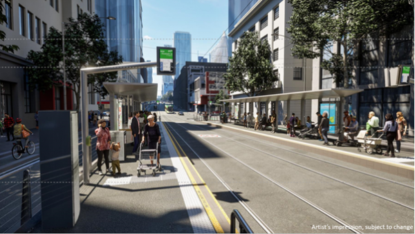 Design showing upgraded Elizabeth Street (Stop 5) tram stop featuring raised platforms for level boarding with low-floor trams, new shelters, seating, improved lighting and passenger information displays. Passengers also shown using the tram stop.