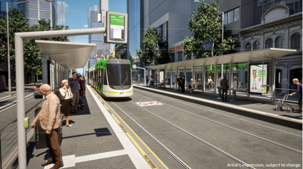 Design showing upgraded Elizabeth Street (Stop 8) tram stop featuring raised platforms for level boarding with low-floor trams, new shelters, seating, improved lighting and passenger information displays. Tram and passengers also shown using the tram stop
