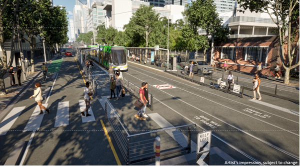 Design showing upgraded Spencer Street (Stop 1) tram stop featuring raised platforms for level boarding with low-floor trams, new shelters, seating, improved lighting and passenger information displays. Tram, pedestrians and passengers also shown using the tram stop