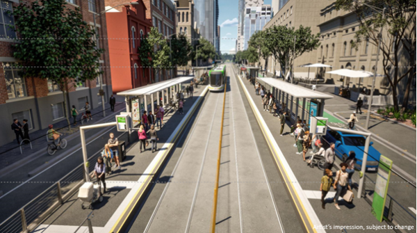 Design showing upgraded Swanston Street (Stop 6) tram stop featuring raised platforms for level boarding with low-floor trams, new shelters, seating, improved lighting and passenger information displays. Tram and passengers also shown using the tram stop.