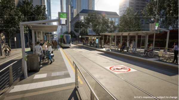 Design showing upgraded William Street (Stop 3) tram stop featuring raised platforms for level boarding with low-floor trams, new shelters, seating, improved lighting and passenger information displays. Tram and passengers also shown using the tram stop.